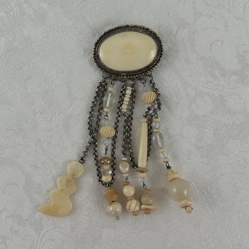 Vintage Artisan Crafted Tribal Statement Brooch Natural Stones and Glass Beads